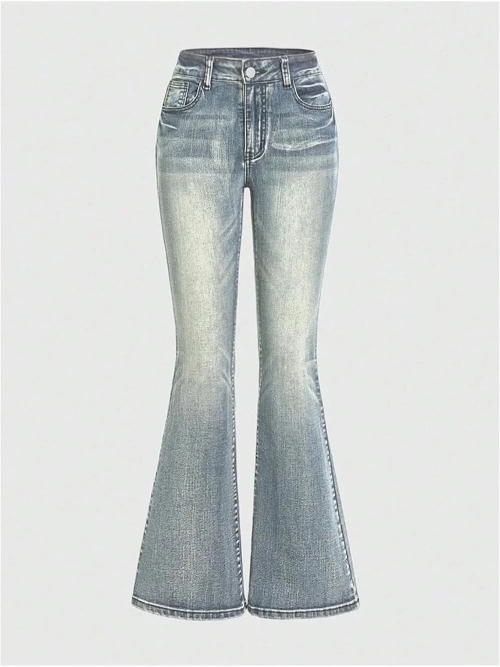 Women's Dusty Blue Denim Pull On Y2k Goth High Waist Mid Rise Bell Bottom Jeans
